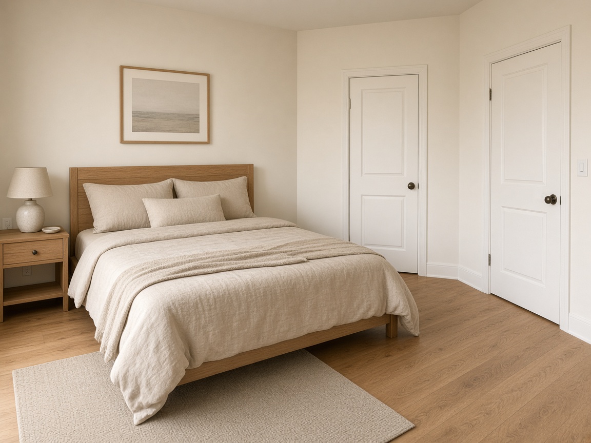 Oak bed shifted along a side wall so two closed white doors sit at an angle, not in line with the foot