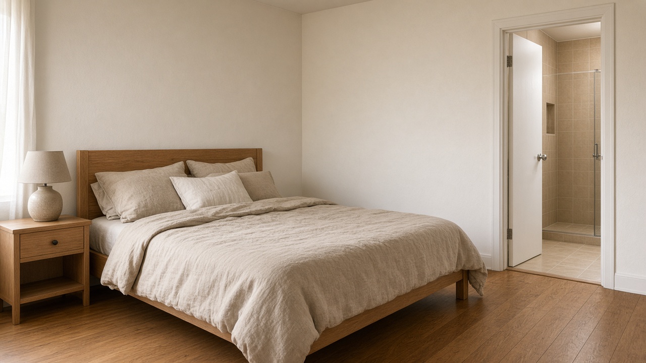 Beige rental bedroom, linen bed aimed at an open ensuite door, feng shui ensuite door facing bed