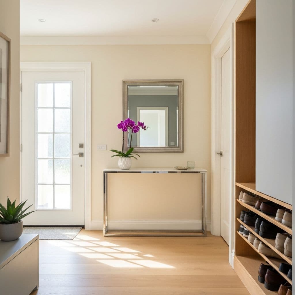 Bright rental foyer with a clear door swing and one plant, no overlay graphics