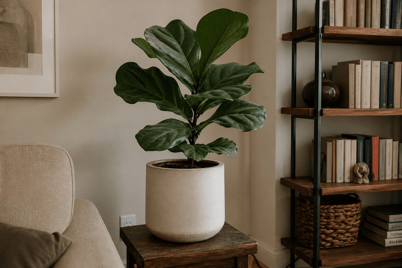 Silk fiddle-leaf fig in cream ceramic pot on a wood stool beside sofa and black-frame bookshelf, feng shui fake plants