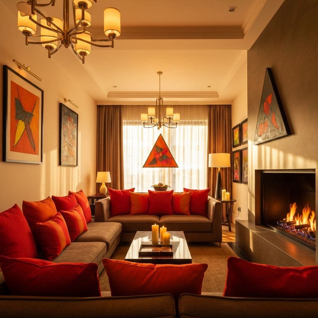 Warm lamp and a small red cushion on a south living-room wall