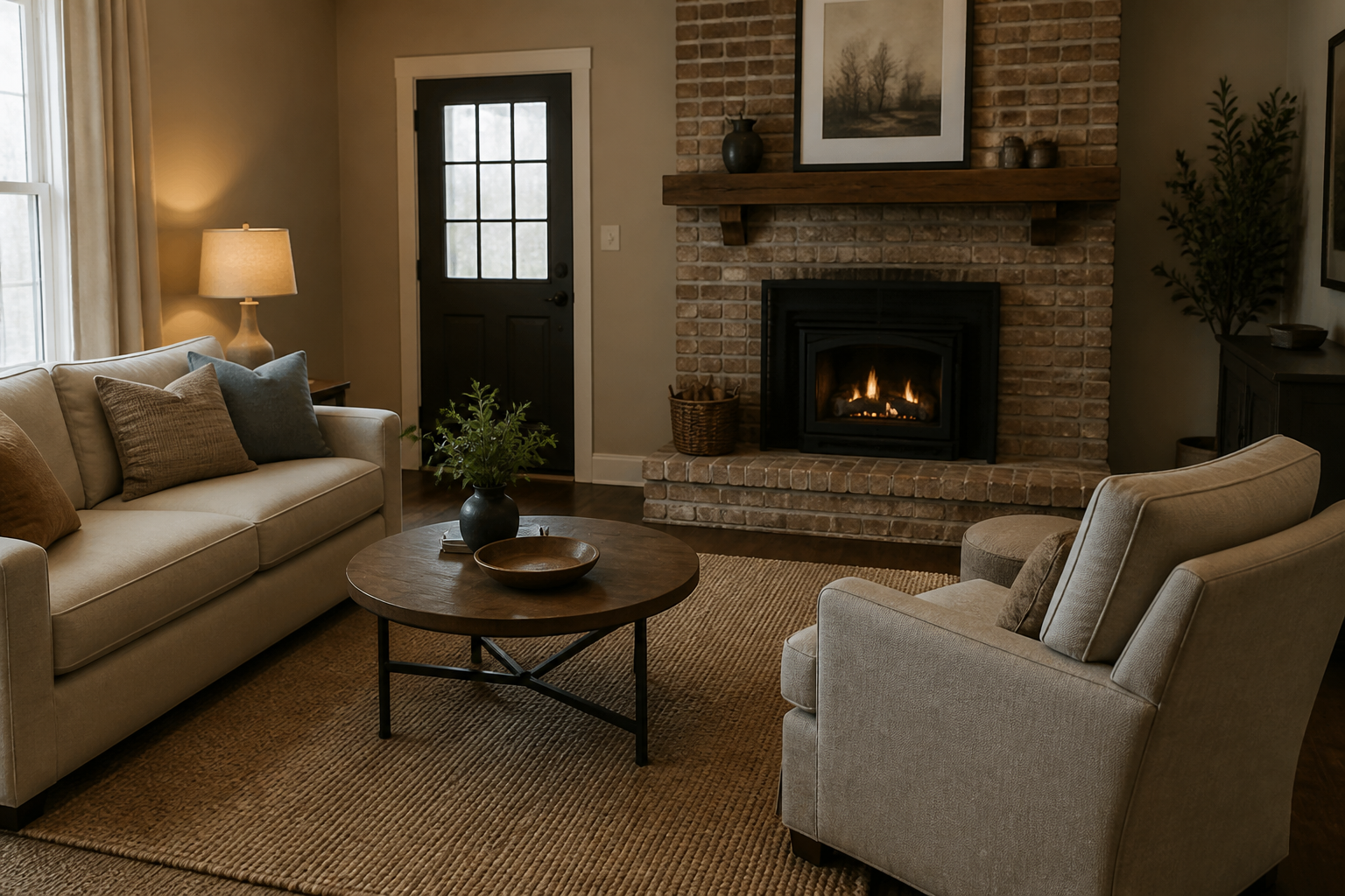 Sofa and chair in a loose U around a brick fireplace with the room door still in view
