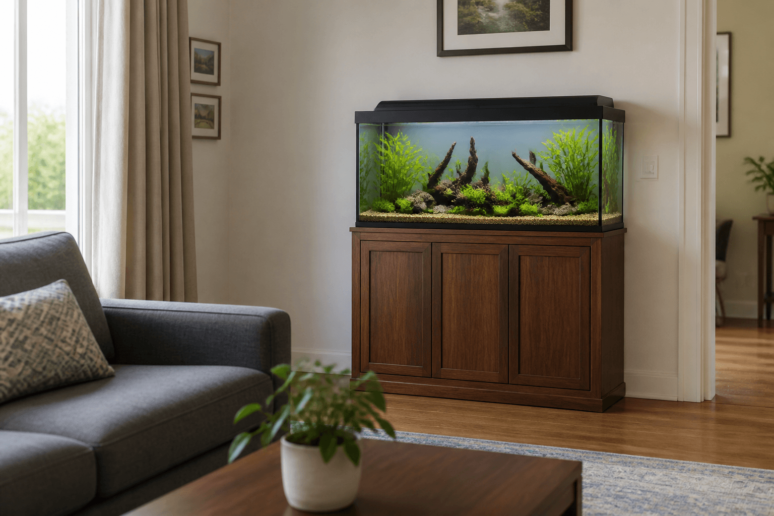 Aquarium on a solid wood cabinet with closed doors, walk clear beside the sofa