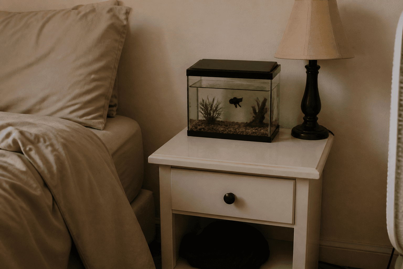 Small tank cramped on a bedroom nightstand next to a bed, a placement to skip