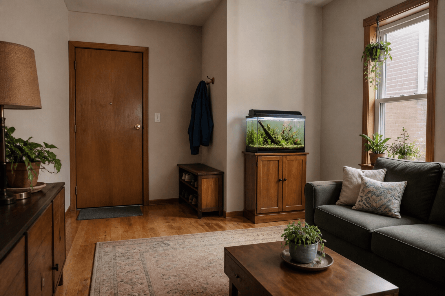 Aquarium on a solid cabinet with a sofa and the door visible, feng shui fish tank living room
