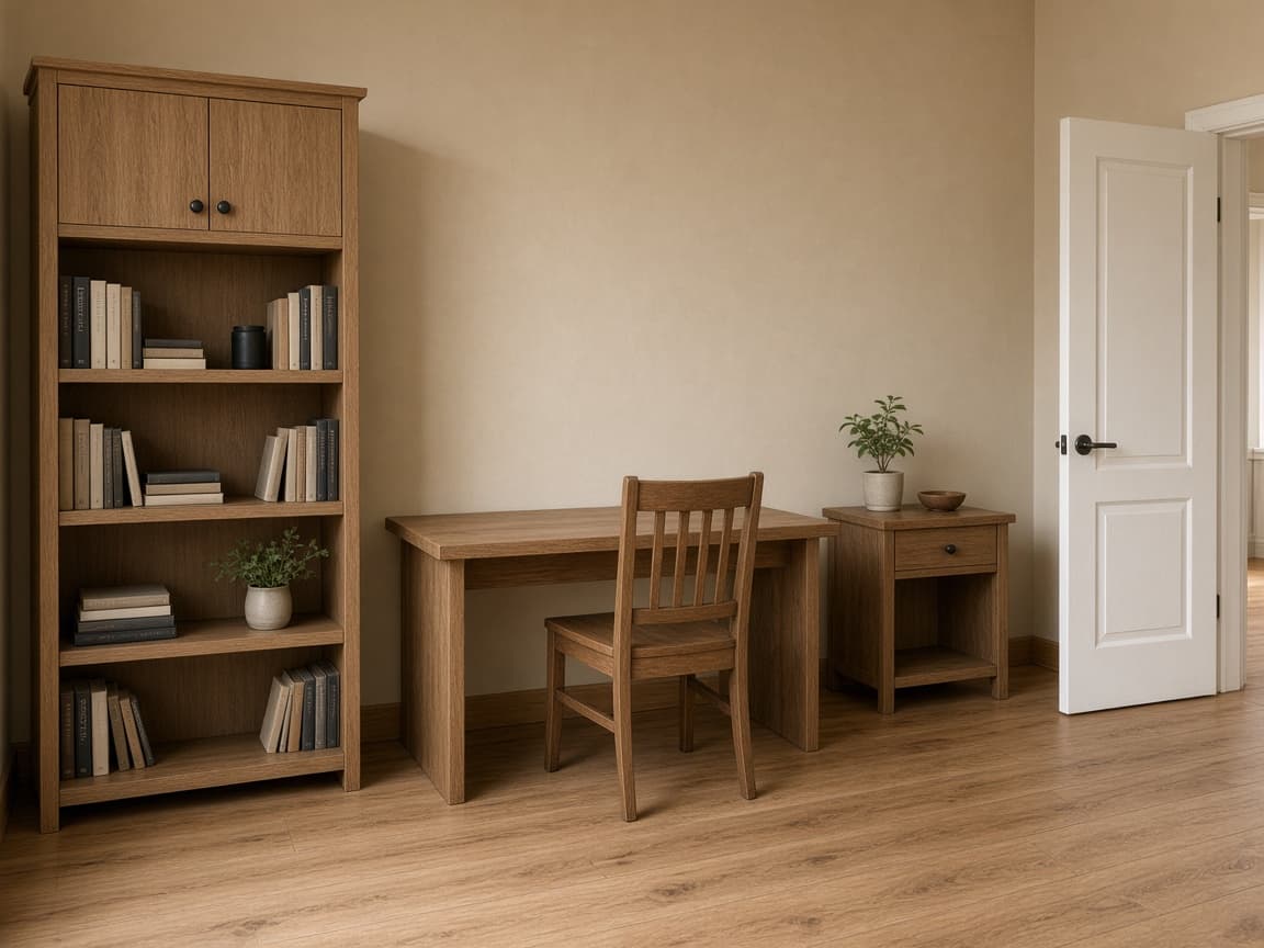 Wood desk and chair against a plaster wall, taller bookcase on the left, lower cabinet on the right, white door open