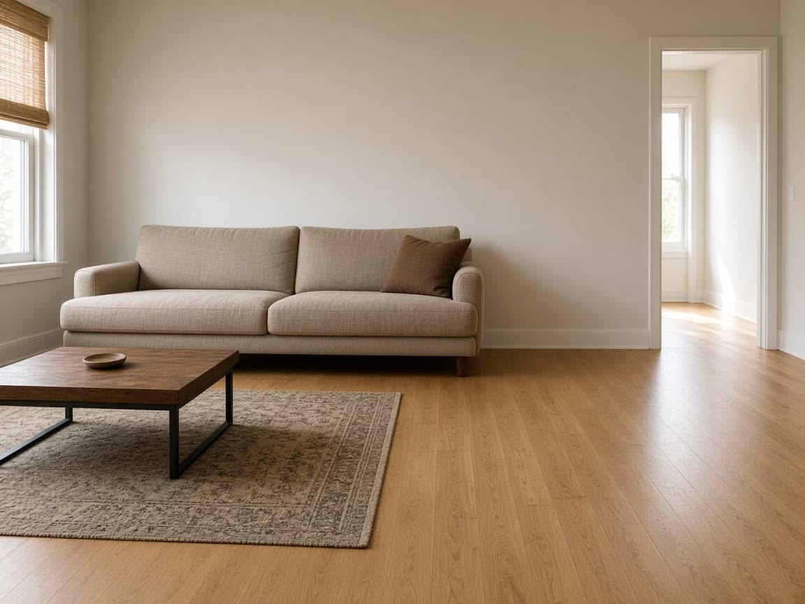 Beige sofa with a clear wood floor in front and a side doorway in a rental living room