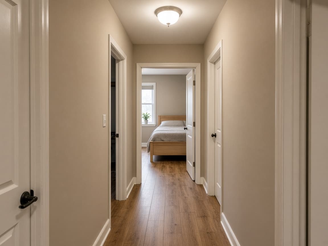 Long beige rental hallway aiming at an open bedroom where a wood bed sits in the walk line