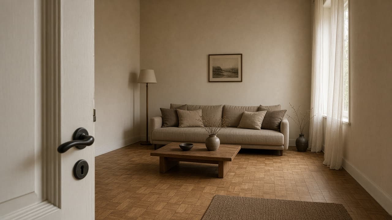 Beige rental living room from the door, sofa against a wall, open floor, feng shui form school explained