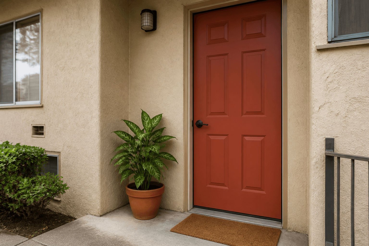 Terracotta six-panel rental front door with a coir mat and potted plant, Feng Shui front door color in daylight