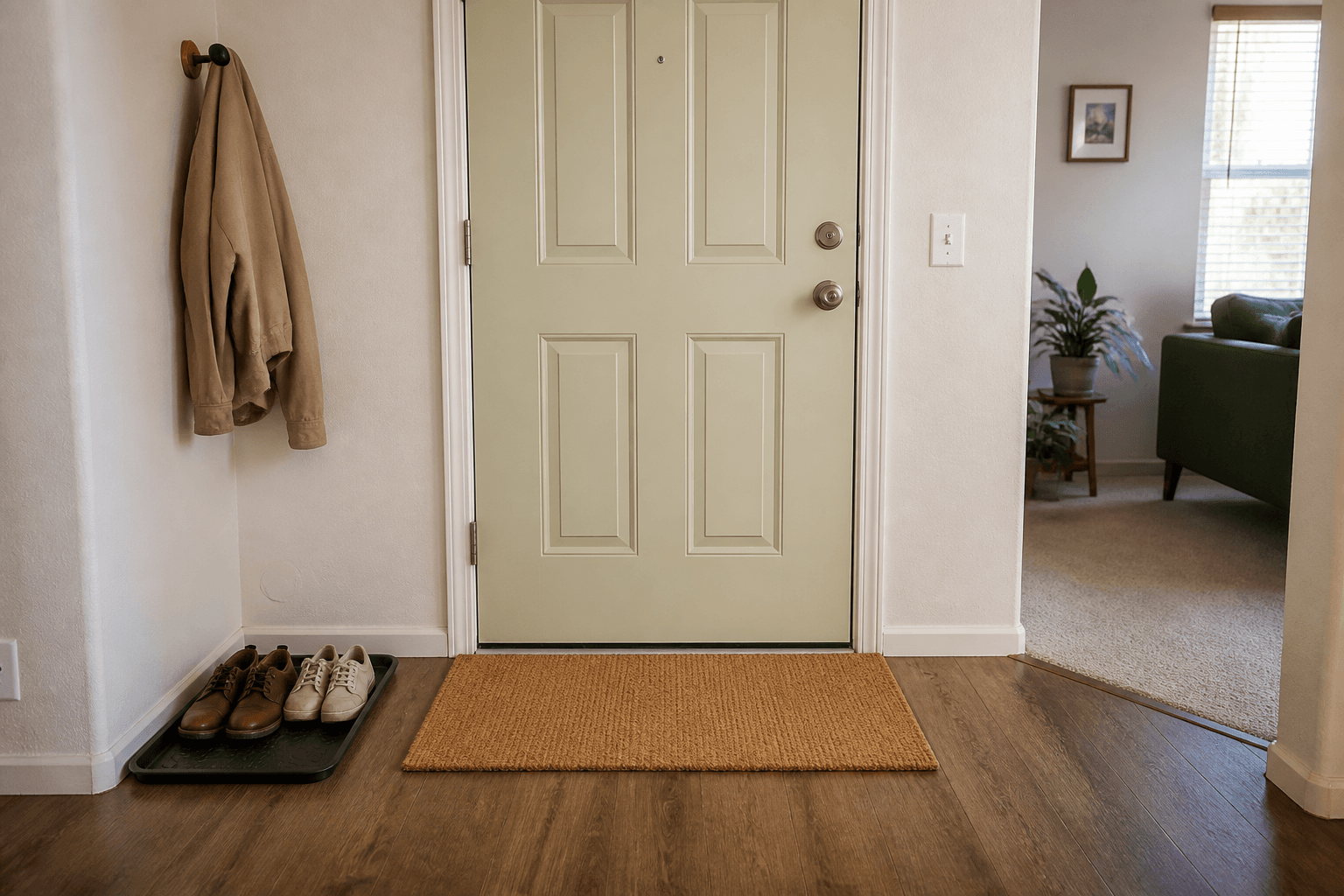 Interior of closed painted front door, clean coir feng shui front door mat, shoe tray with two pairs, coat hook