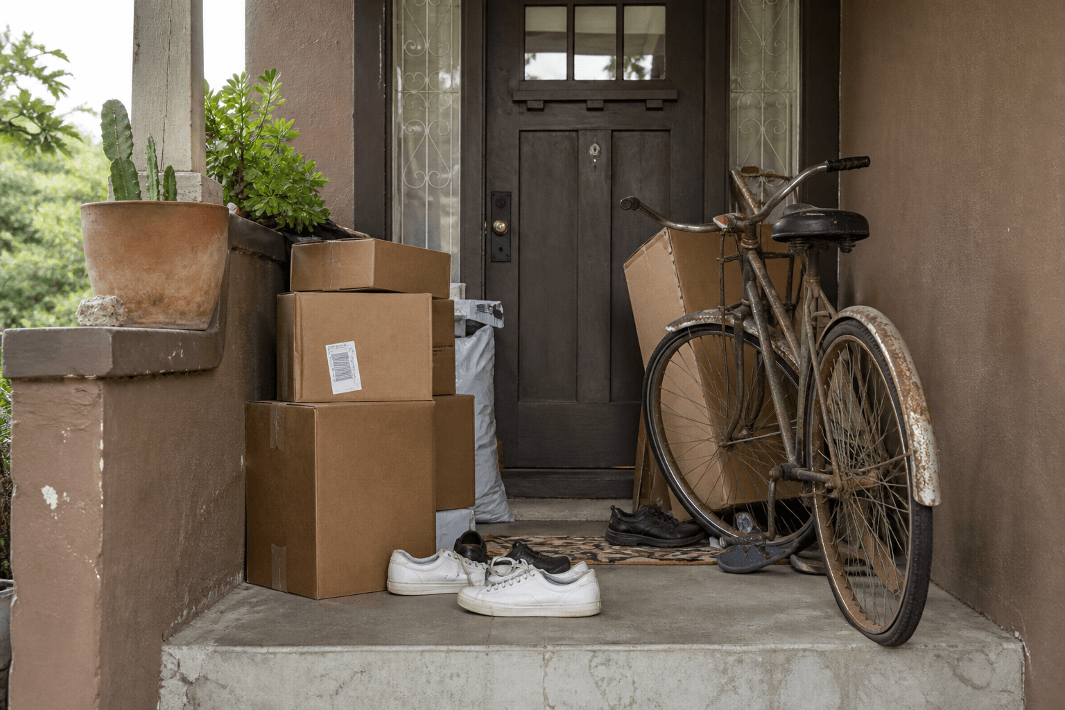 Rental porch piled with boxes, shoes, and a bike in the door swing