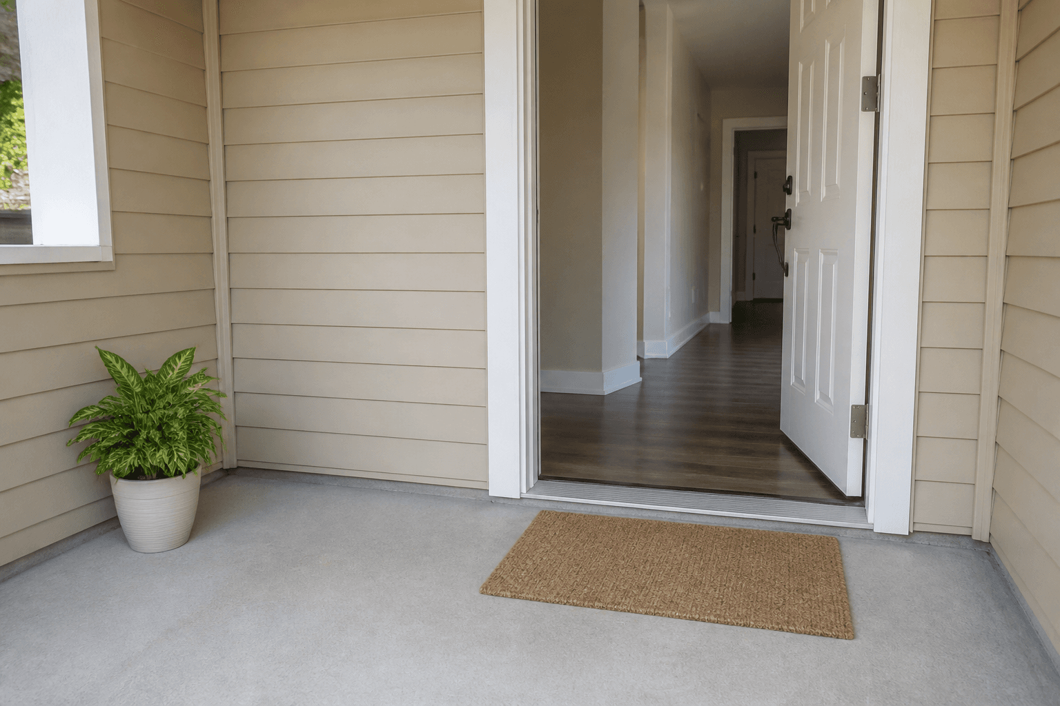 Open front door showing an empty swing arc, one side plant, mat fully on the slab