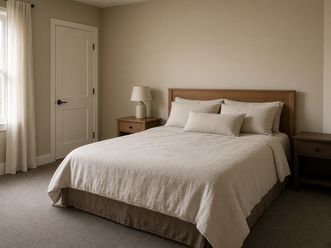 Linen bed with a wood headboard on a solid wall, bedroom door visible at an angle