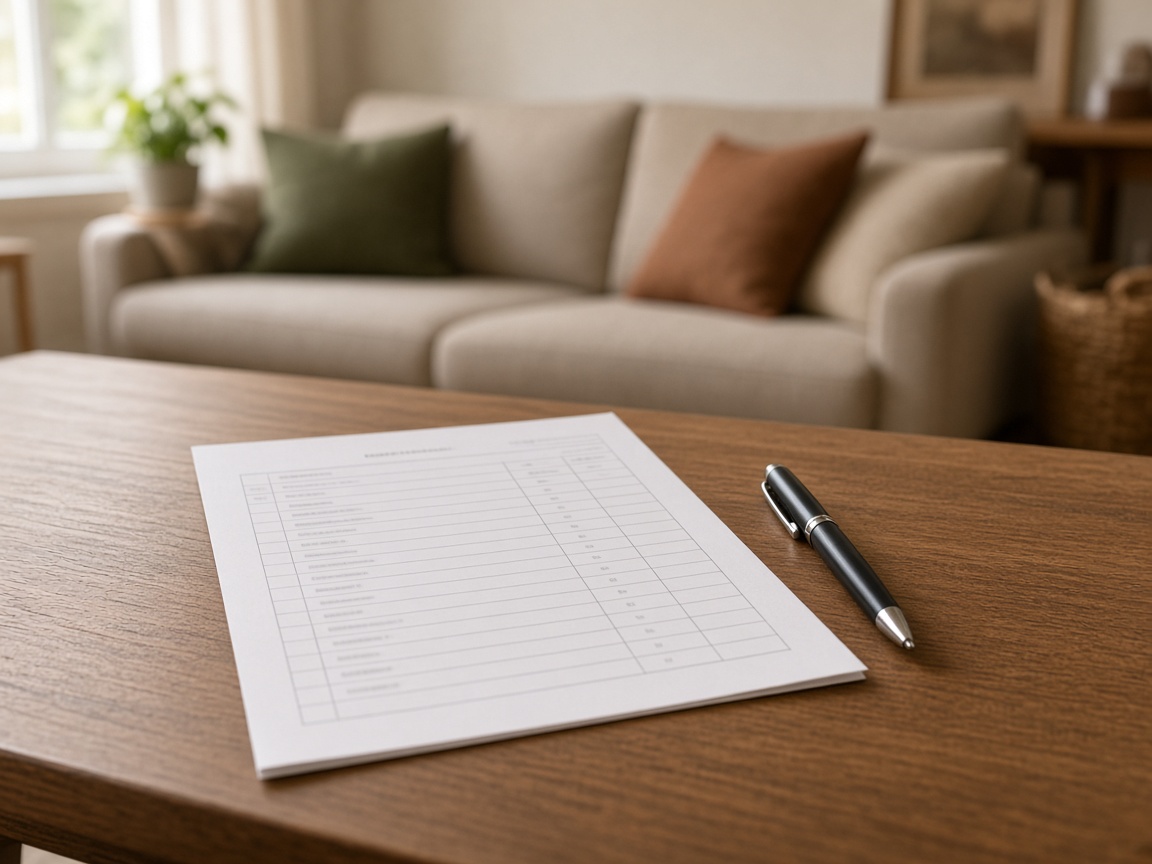 Printed furniture checklist and a pen on a wood coffee table in front of a beige sofa