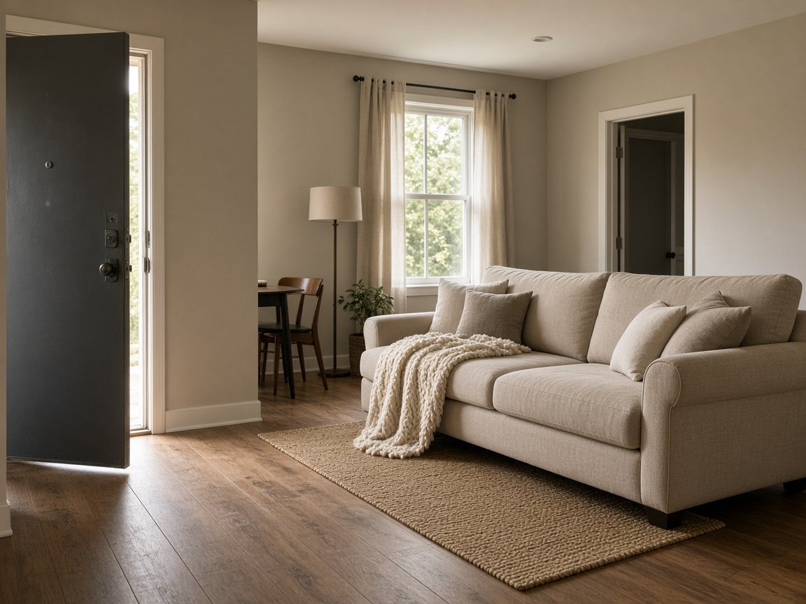 Beige sofa pulled back from an open apartment door so a wood-floor walk stays clear