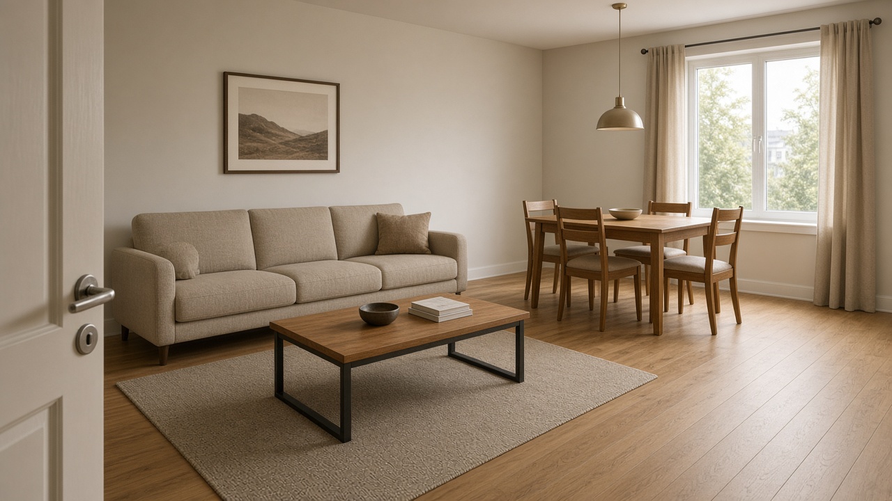 Empty furnished rental living room with a beige sofa, dining table, and a plant by the window, feng shui furnished rental