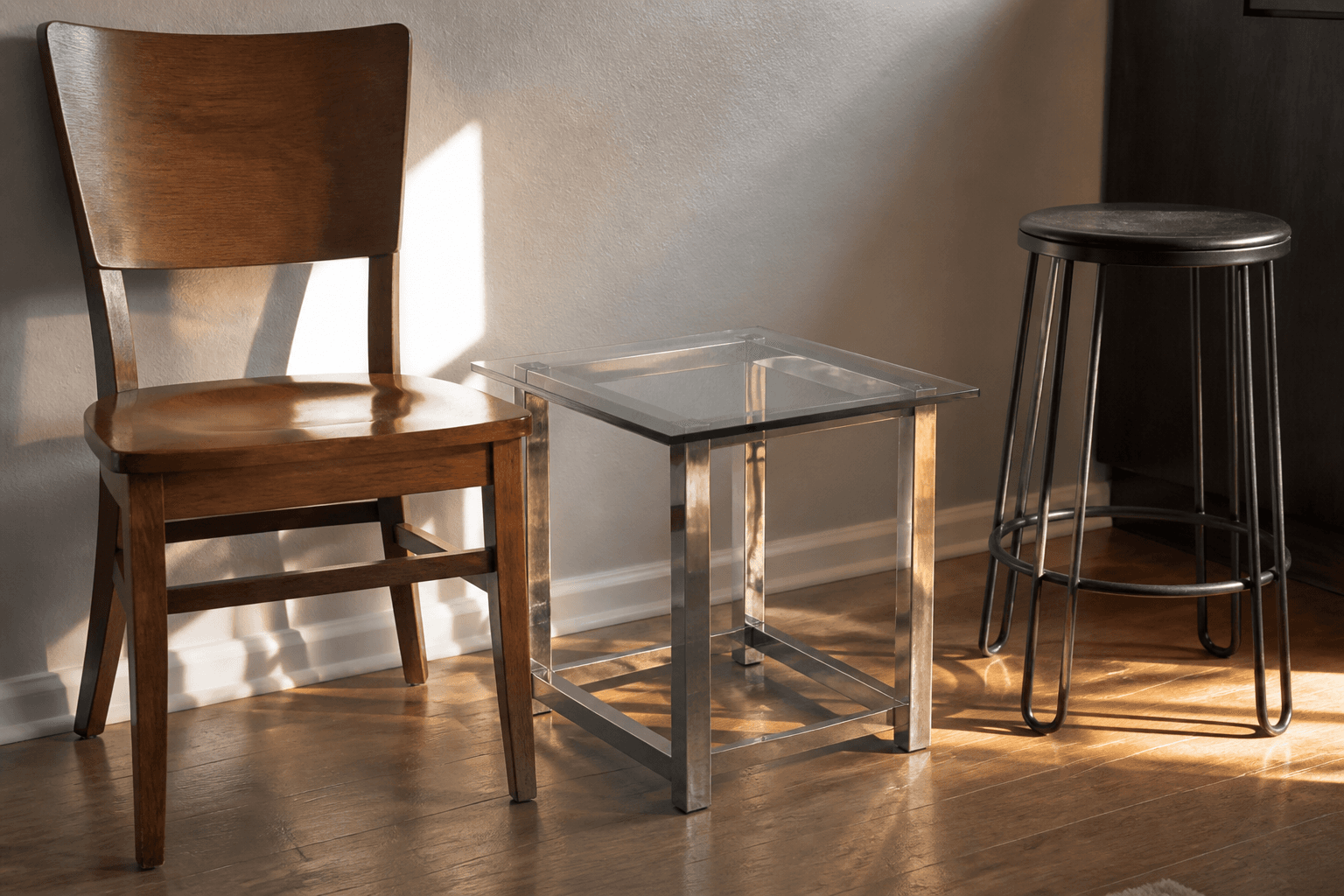 Wood chair, glass side table in glare, metal stool with open bars on a rental floor, feng shui furniture materials