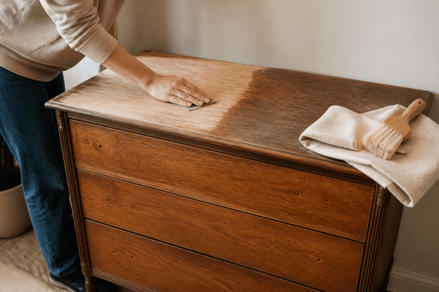 Half-sanded wood dresser on a drop cloth with a brush, used furniture being refinished in a rental
