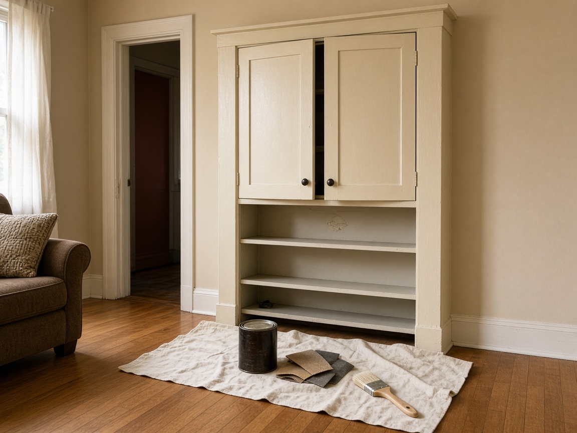 Cream landlord cabinet with stain can, sandpaper, and a brush on a drop cloth