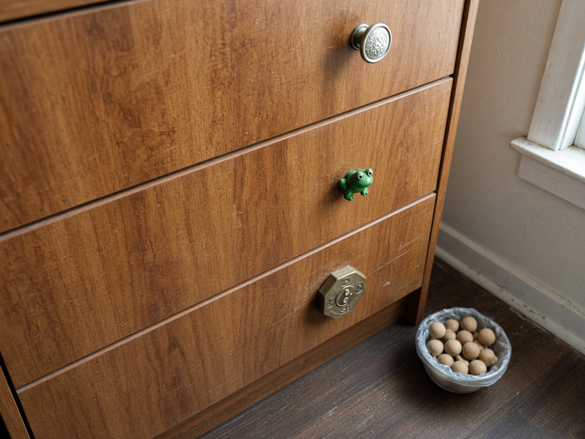 Wood dresser with a frog knob, coin pull, and octagon knob, plain knobs in a bowl