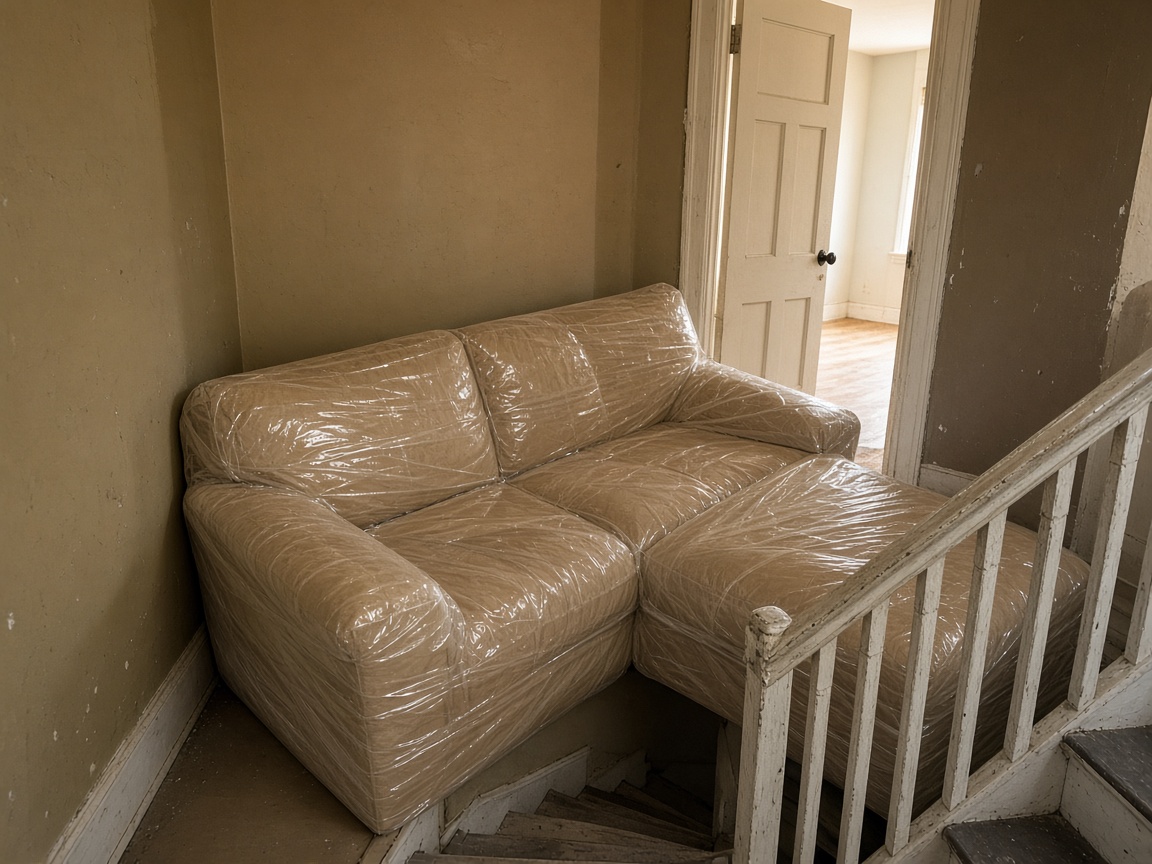 Wrapped beige sectional jammed on a stair landing in front of an open door