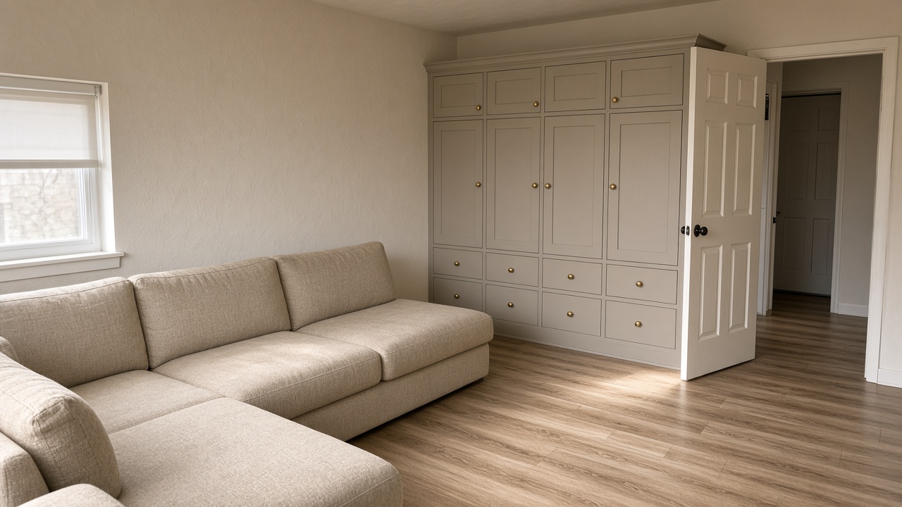 Beige one-piece sectional and painted built-in cabinet by a door walk, feng shui furniture to skip