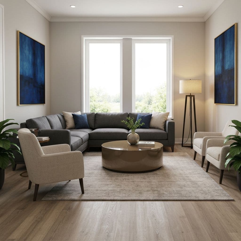 Sofa on a solid wall with a clear path from the door