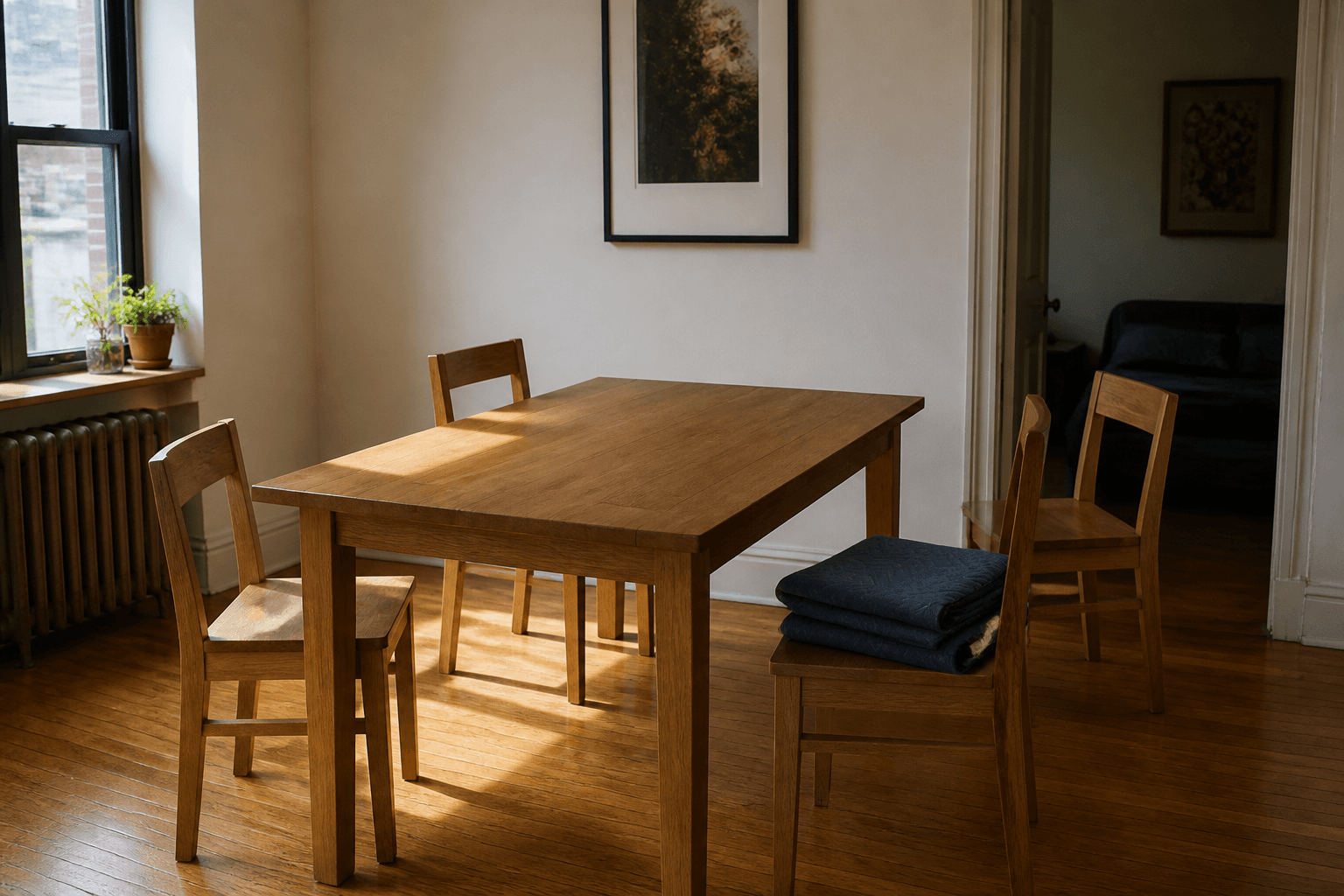 Oak dining table and four wood chairs in a rental, folded moving blanket, side daylight, Feng Shui furniture buying setup