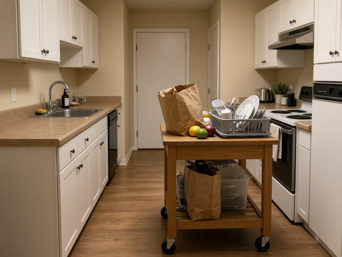 Oak rolling cart with grocery bags and a dish rack blocking a galley aisle between sink and range