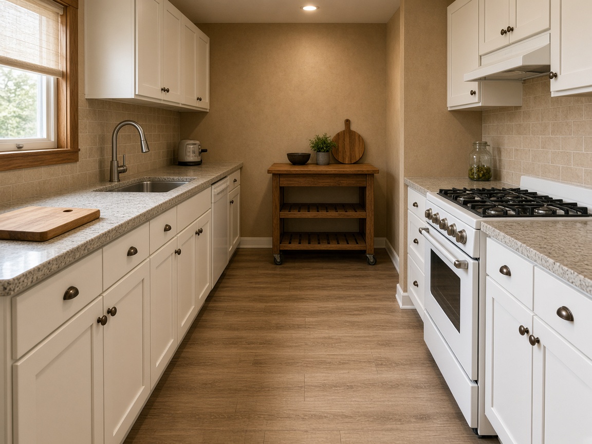 Wood cart parked against the far wall of a galley so the aisle between sink and range is clear