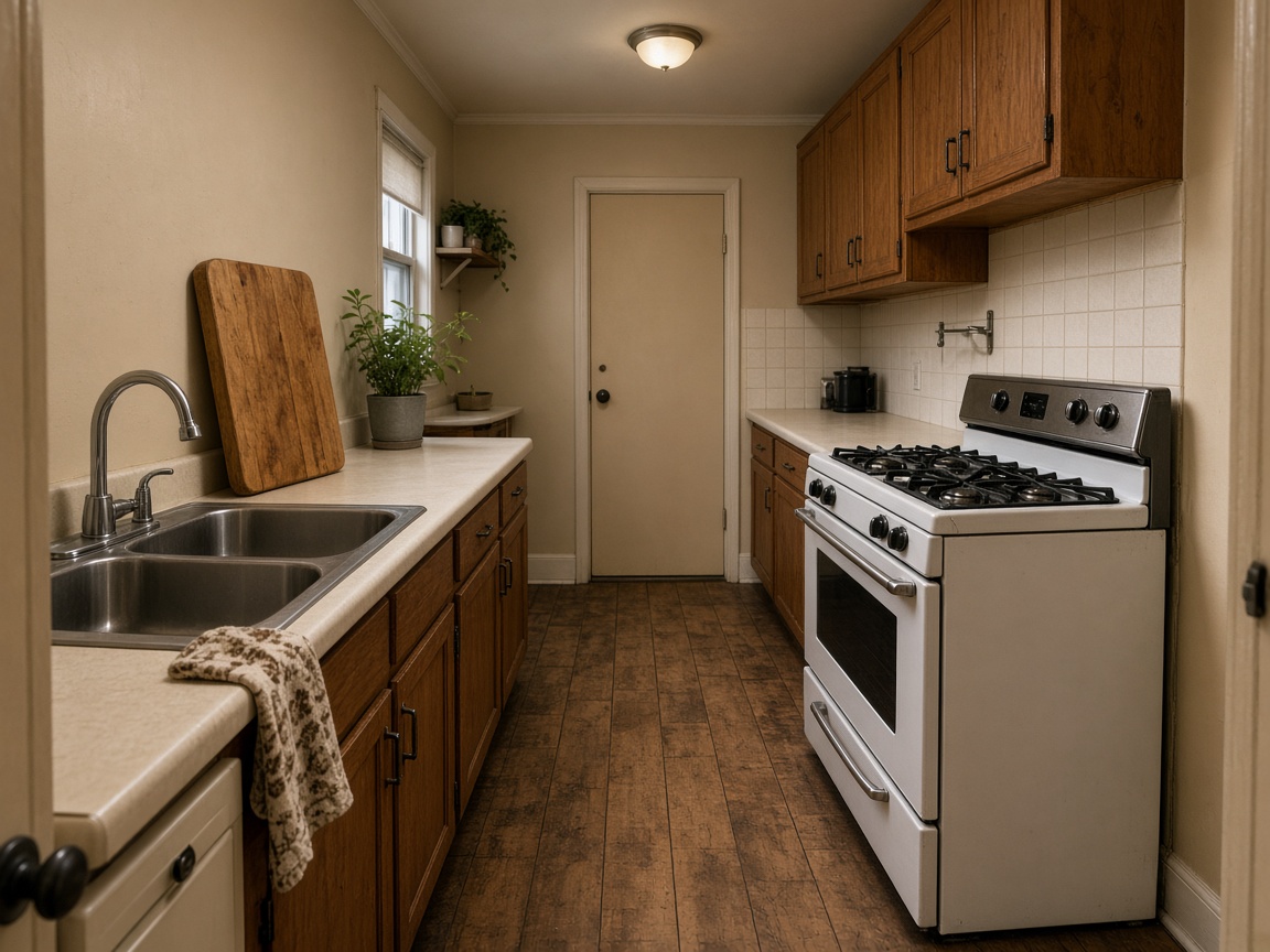 Stainless sink facing a white range across a wood-cabinet galley, standing cutting board by the basin
