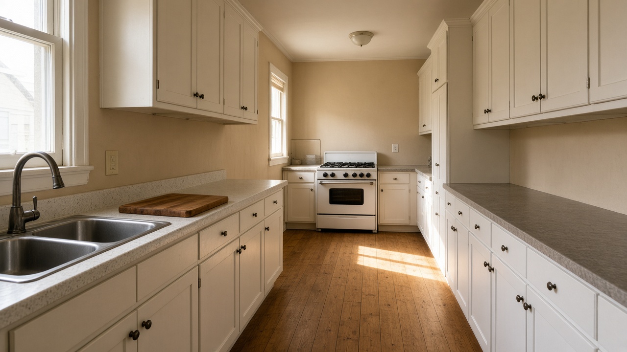 White-cabinet rental galley, oak floor, sink on the left, white range at the far wall, feng shui galley kitchen