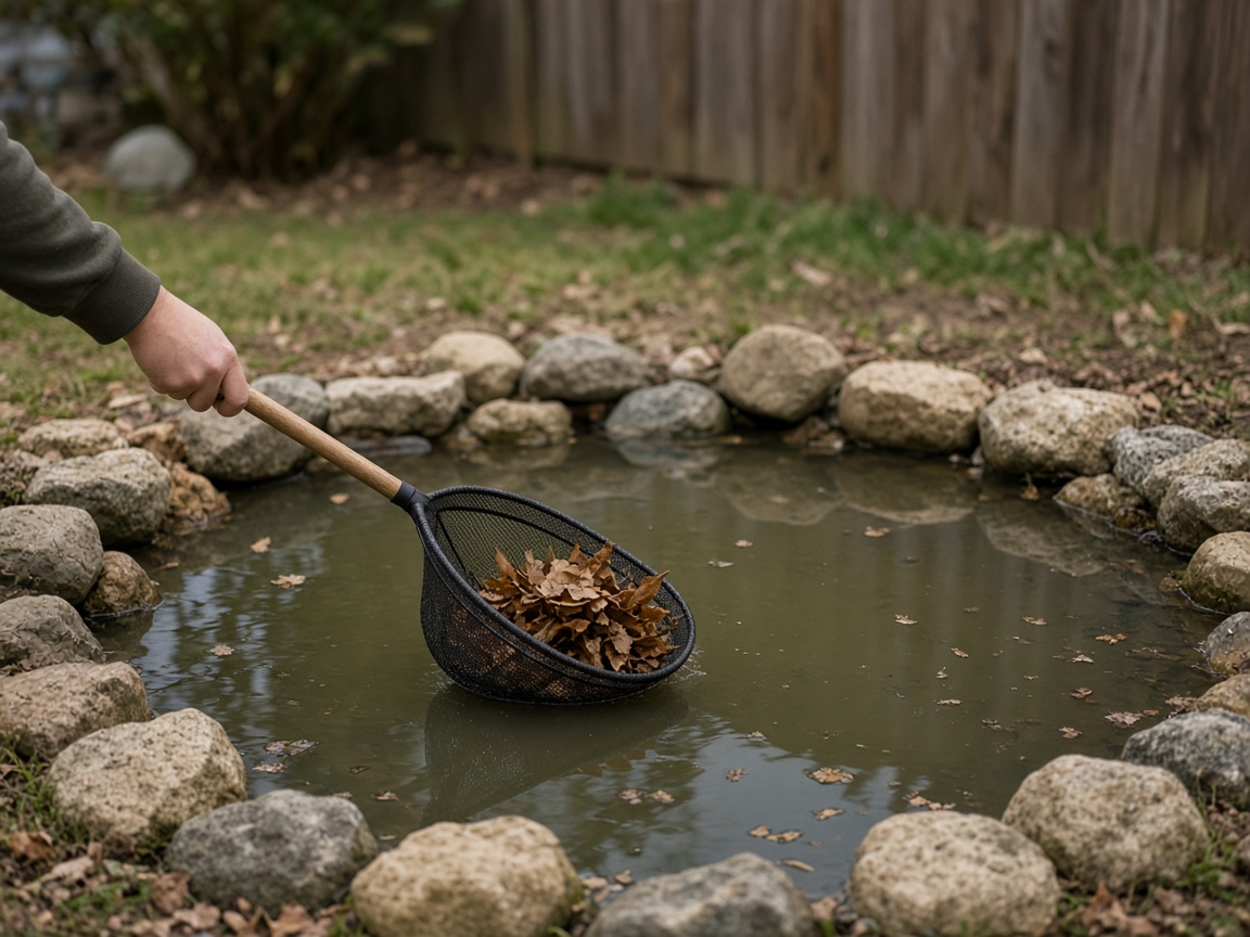 Forearm lifting brown leaves in a mesh net from a still stone-edged pond