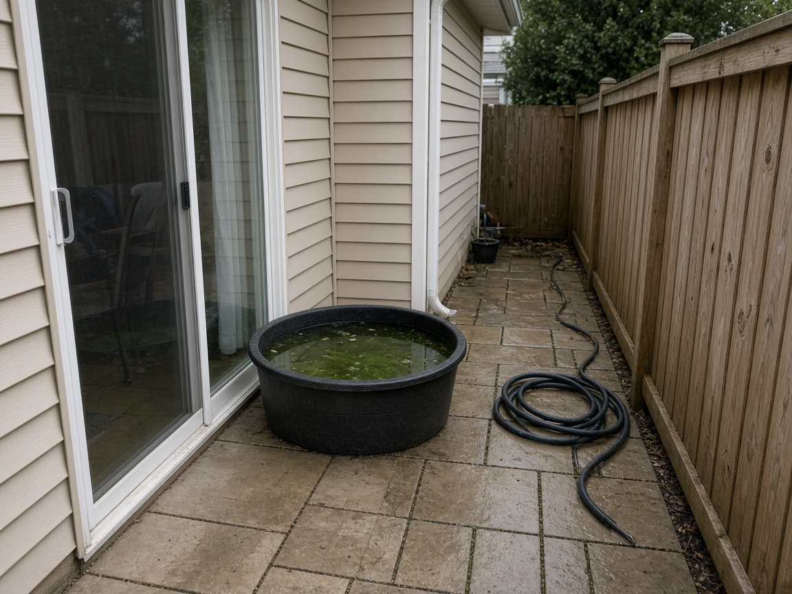 Black tub of green still water blocking a wet slider, hose on the pavers