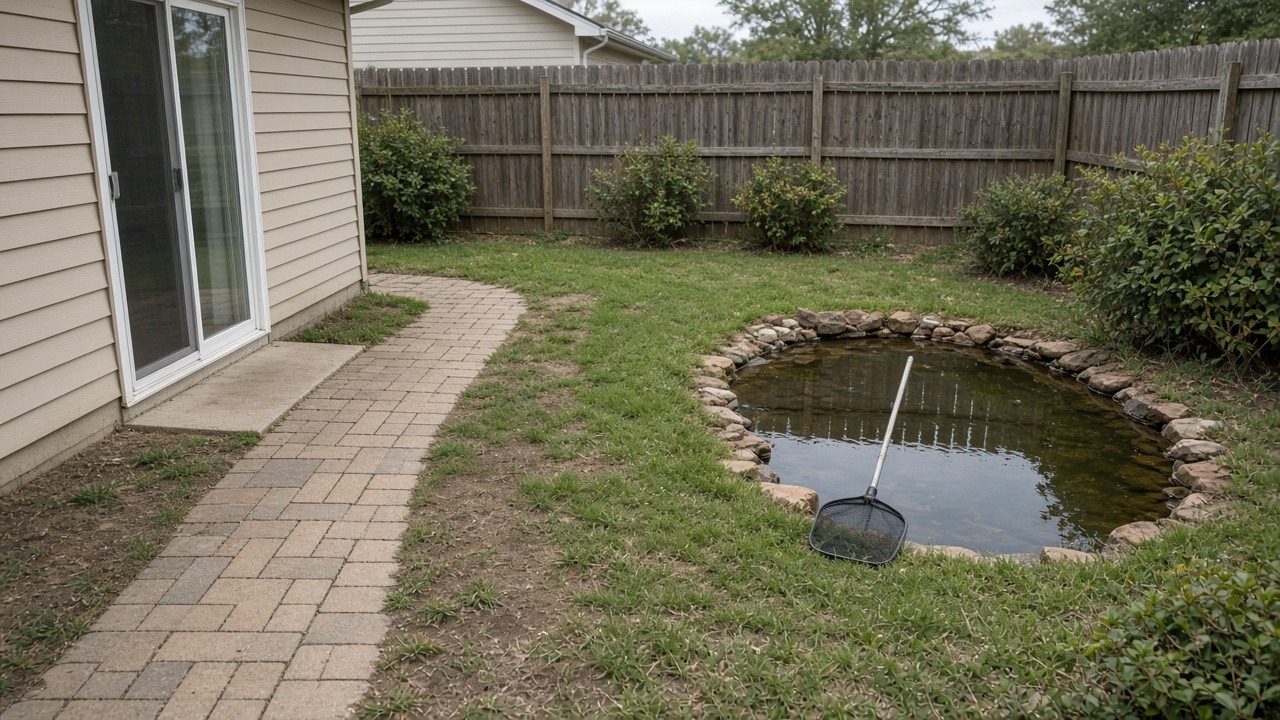 Kidney pond with a leaf net beside a paver walk from a beige slider, feng shui garden pond