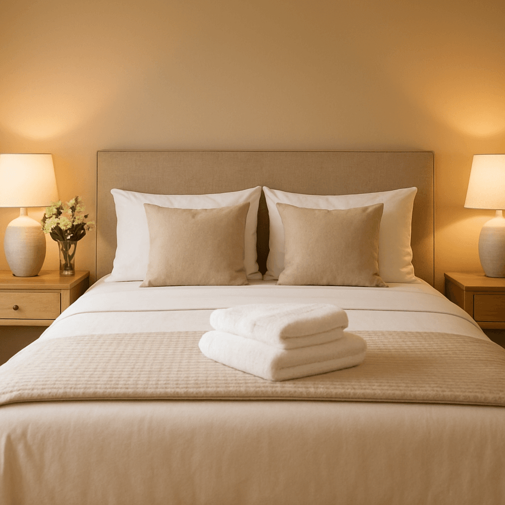 Guest bed on a solid wall with a clear nightstand and closed closet, Feng Shui guest room