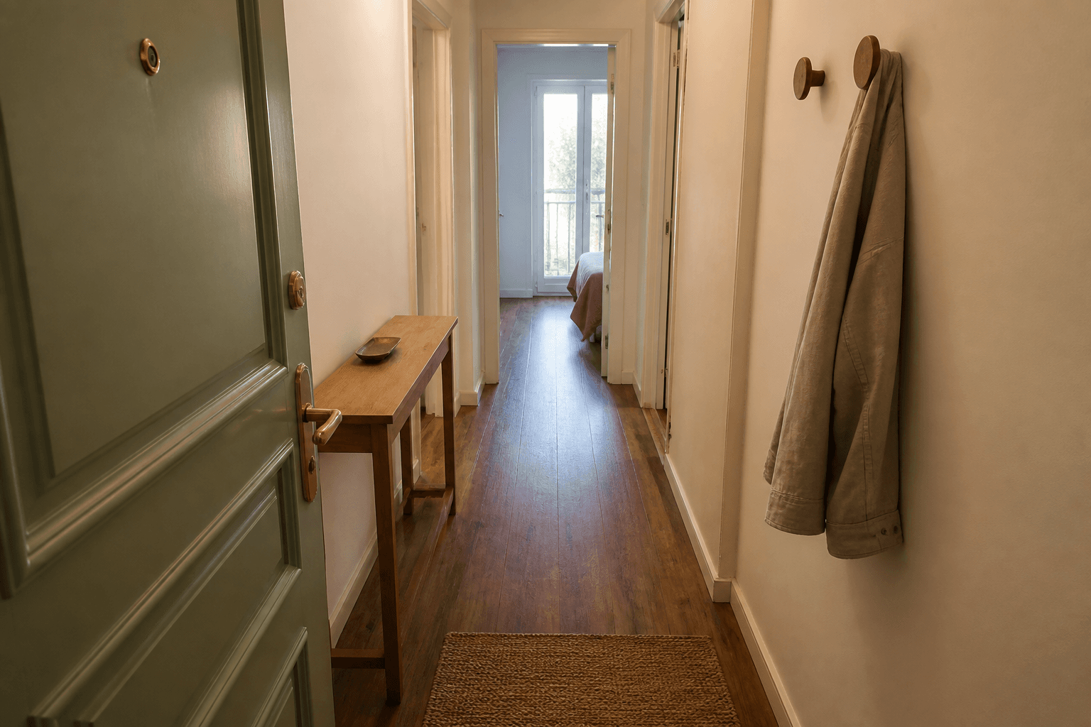 Narrow apartment hallway from the front door with a clear wood walk and wall hooks, Feng Shui hallway clutter in daylight