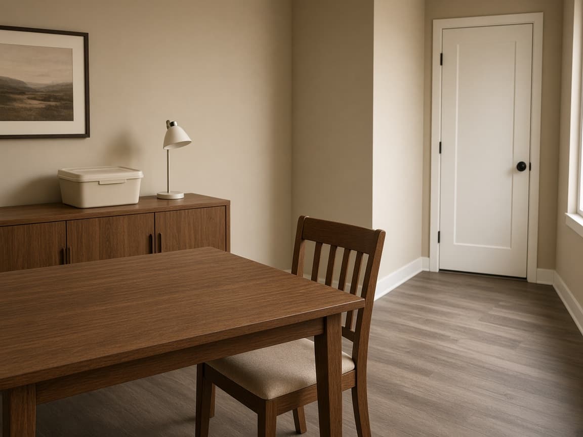 Cleared wood dining table, tucked chair, closed beige bin on a sideboard, walk open to a white door
