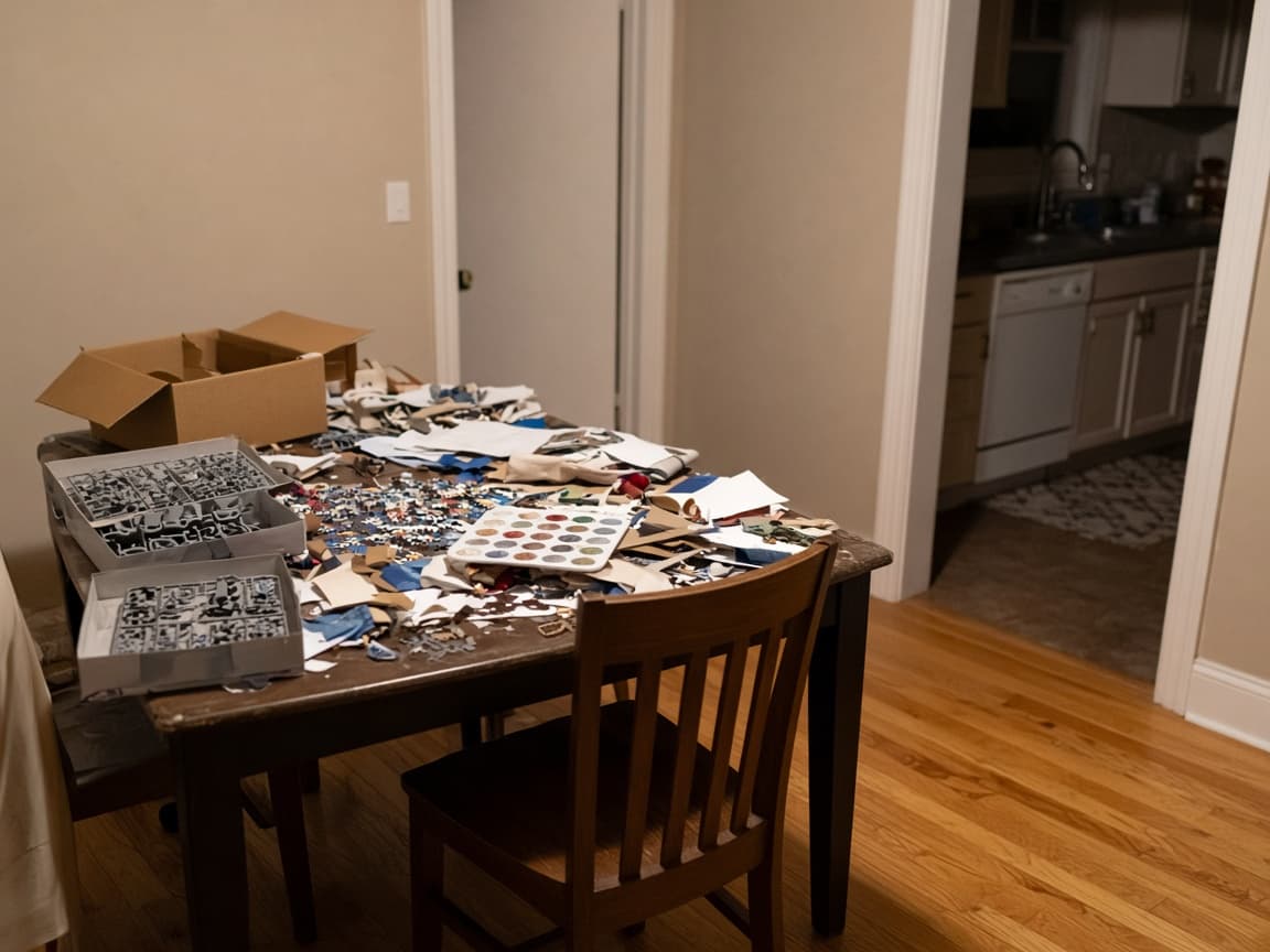 Dining table covered in open kits, puzzle pieces, and paint, blocking the walk to the kitchen