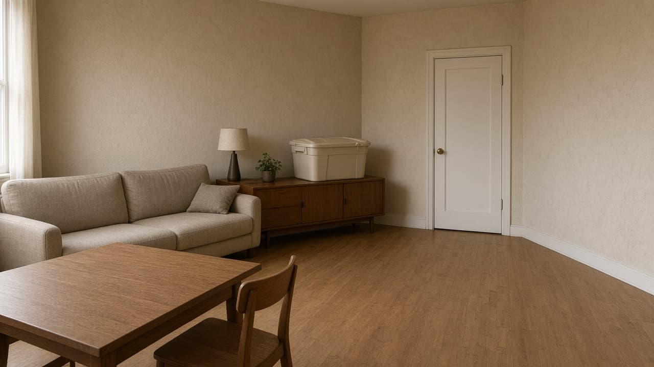 Beige rental living room with a wood table, sofa, and a closed bin on a sideboard, feng shui hobby room