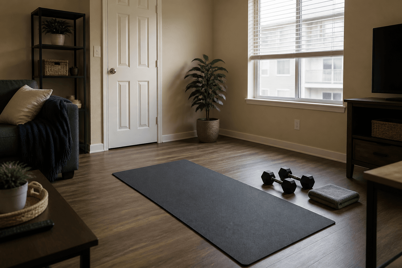 Black yoga mat and two dumbbells on dark wood in a beige living room with sofa, TV stand, and blinds, feng shui home gym