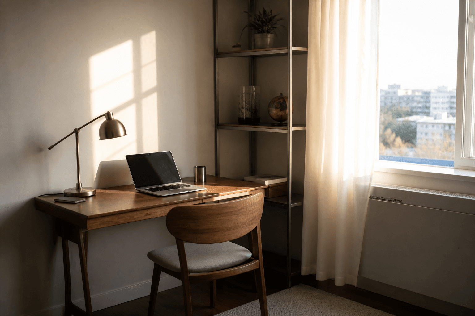 West-facing rental desk with laptop, wood chair, sheer curtain, afternoon sun, gray metal shelf, feng shui home office west