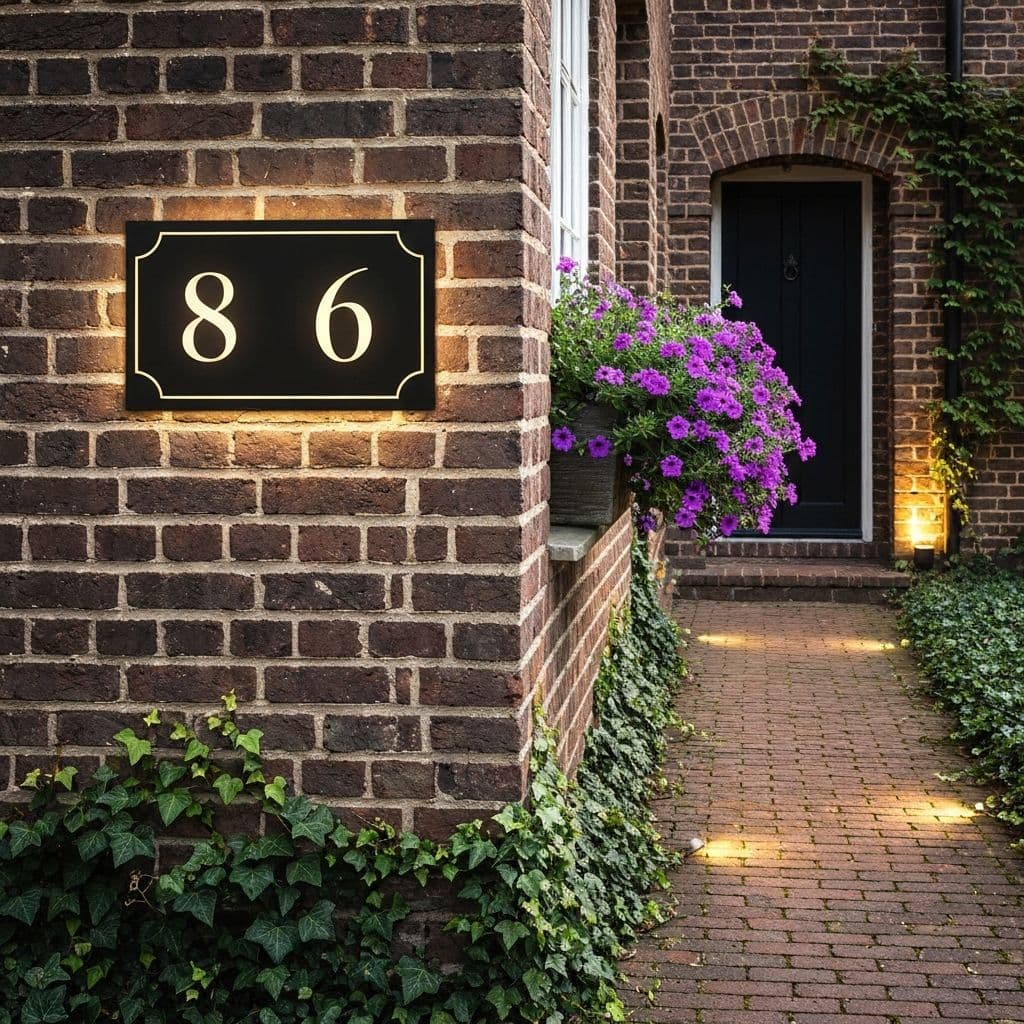 Brass house numbers on a rental door, lit and easy to read from the path
