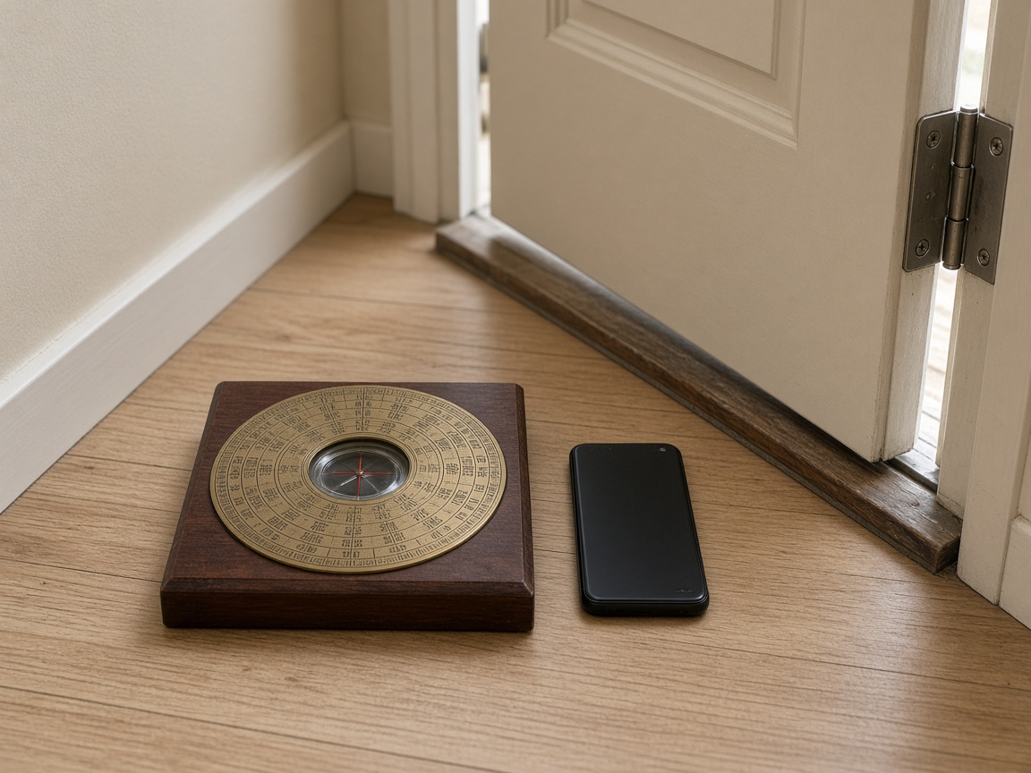 Square luo pan on an oak threshold beside a black phone with a dark screen, steel hinge on a cream rental door