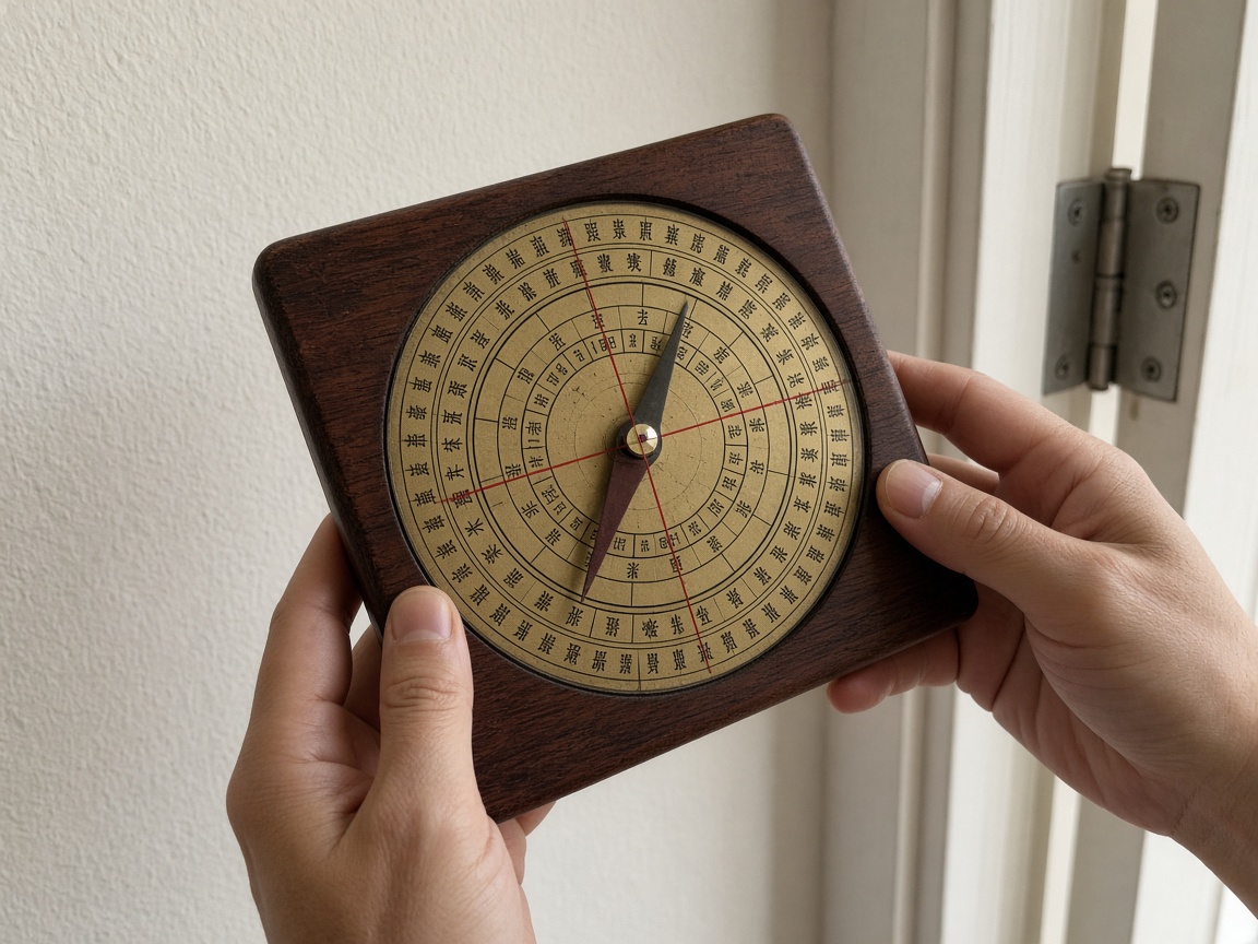 Two hands holding a square luo pan with a brass heaven dial, red cross threads, and a needle in the glass well