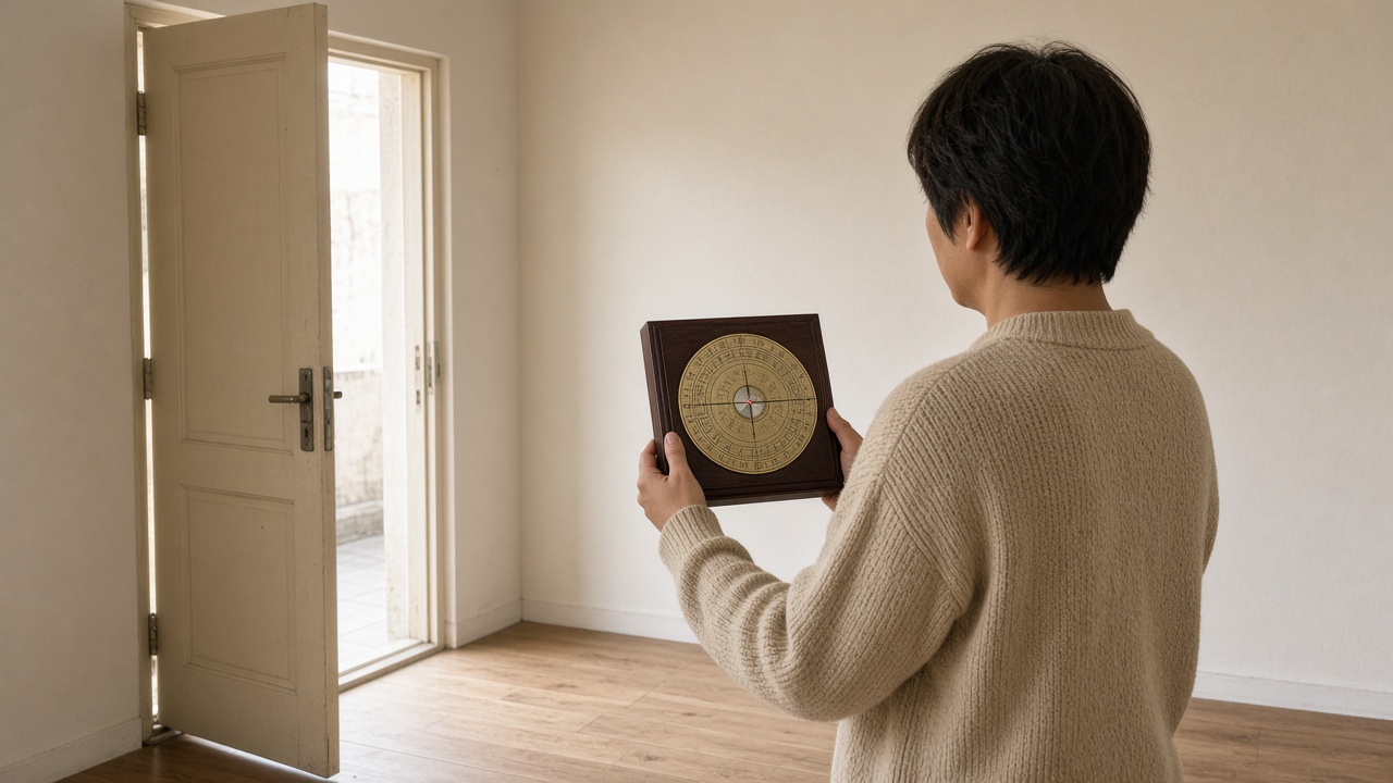 Person in a beige sweater holding a square luo pan level at an open cream rental door, feng shui how to hold a luo pan