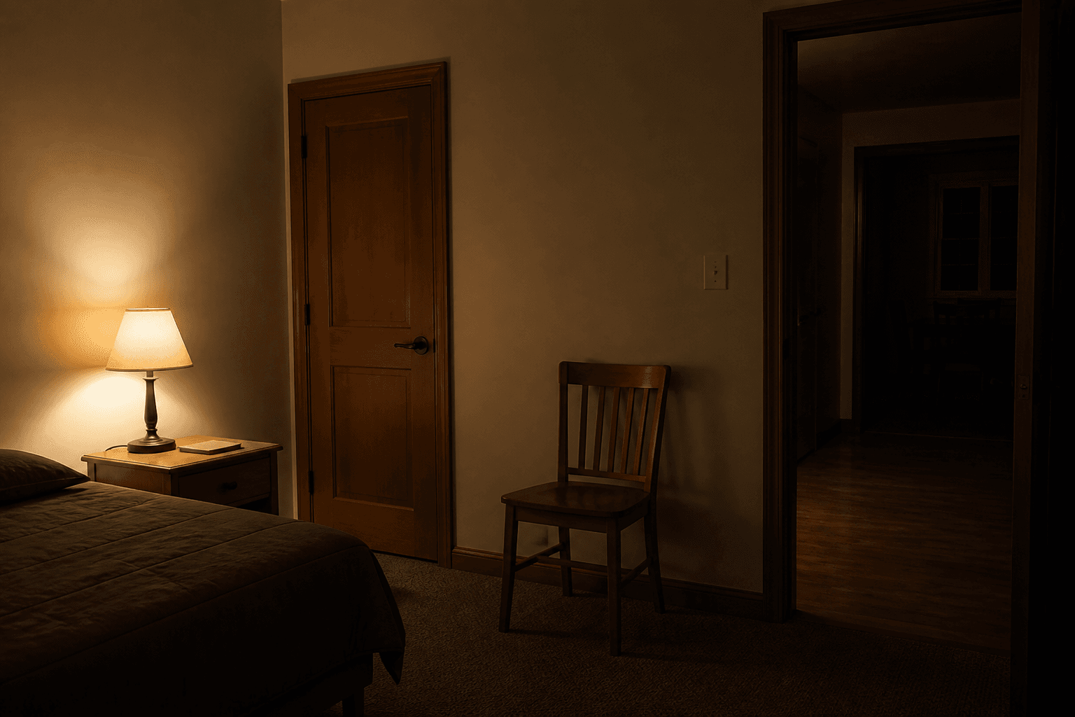 One warm lamp on a side table in a rental room, doorway to a dark hall