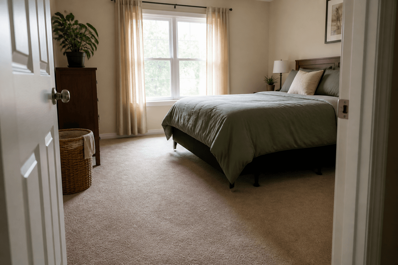Clear walk from a bedroom door to the bed with a laundry basket parked to the side