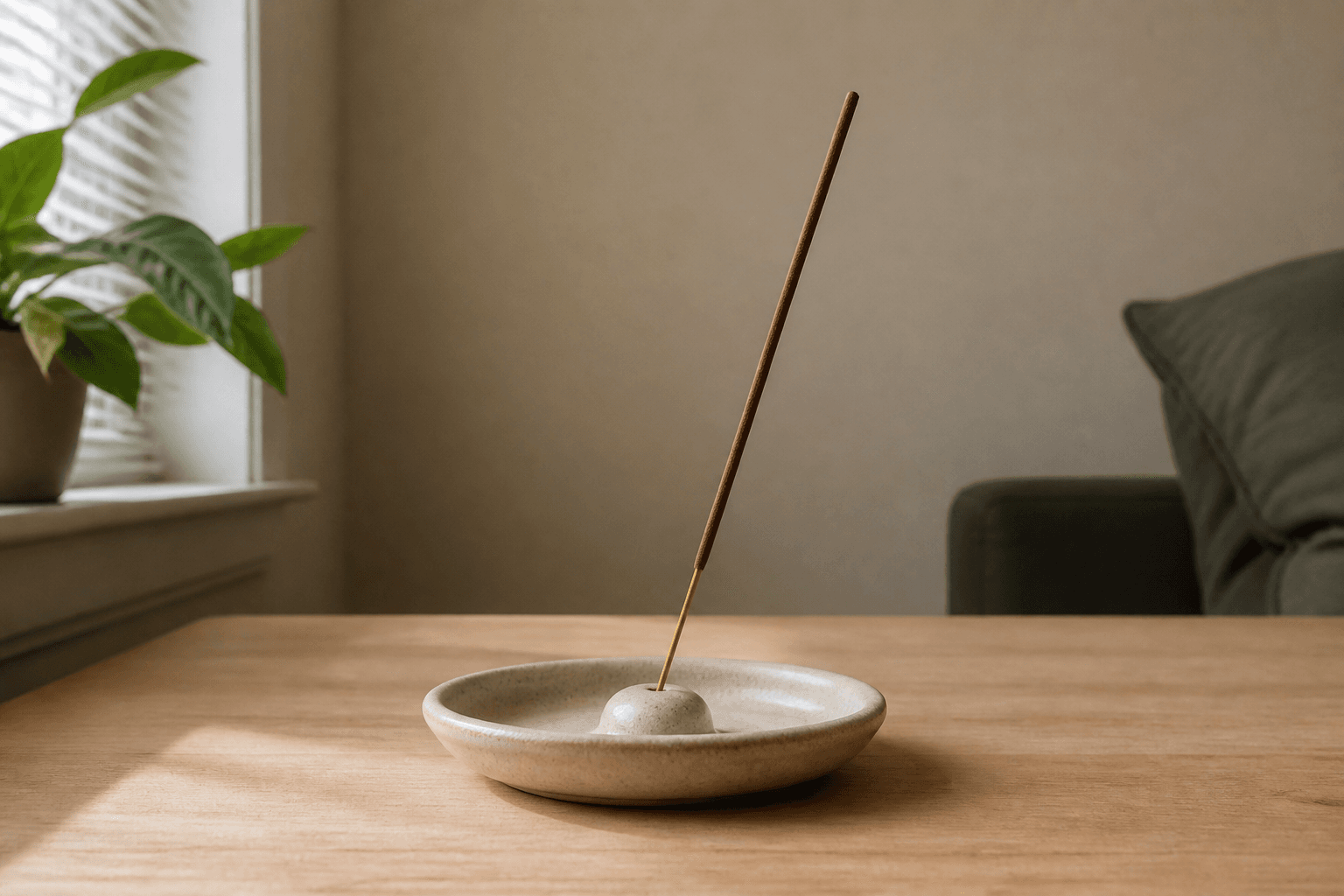 Ceramic incense holder with one thin stick on a wood table against a beige wall in daylight, feng shui incense